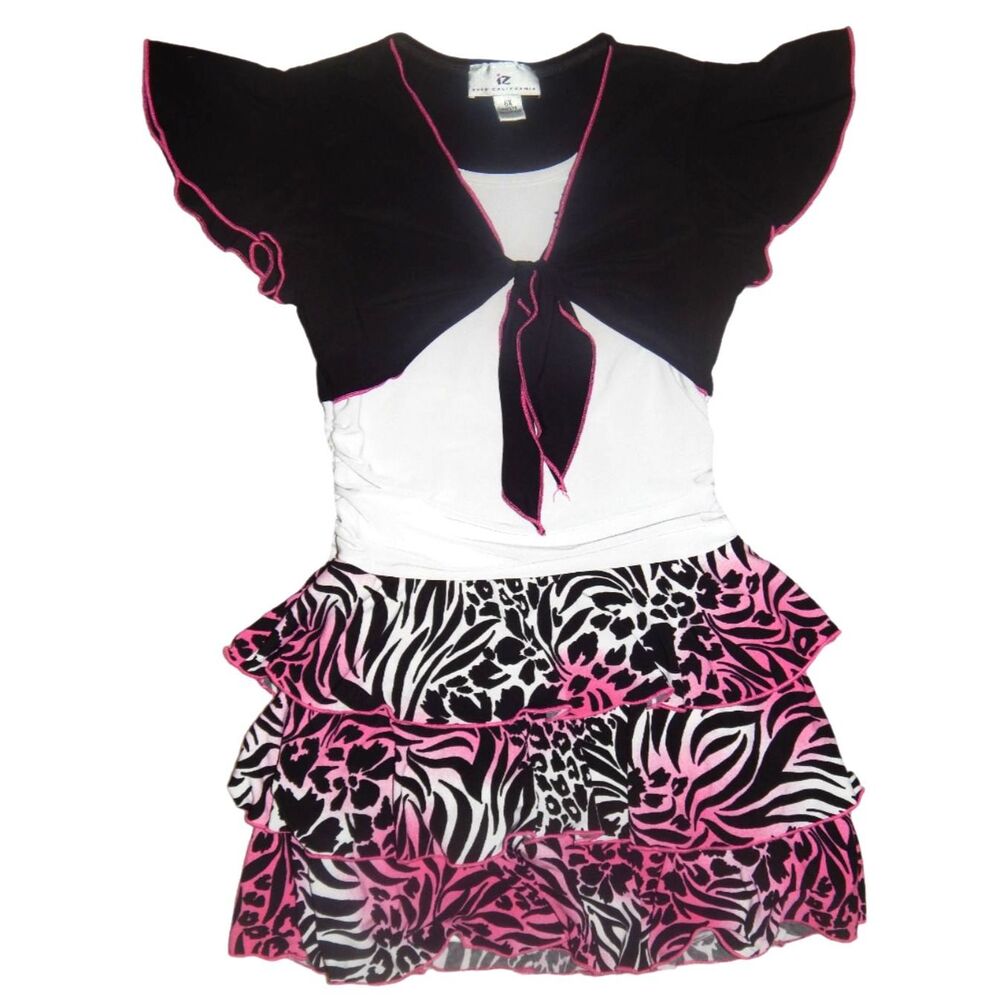 IZ Byer California Girls 6X Black Pink White Animal Print Ruffled Dress